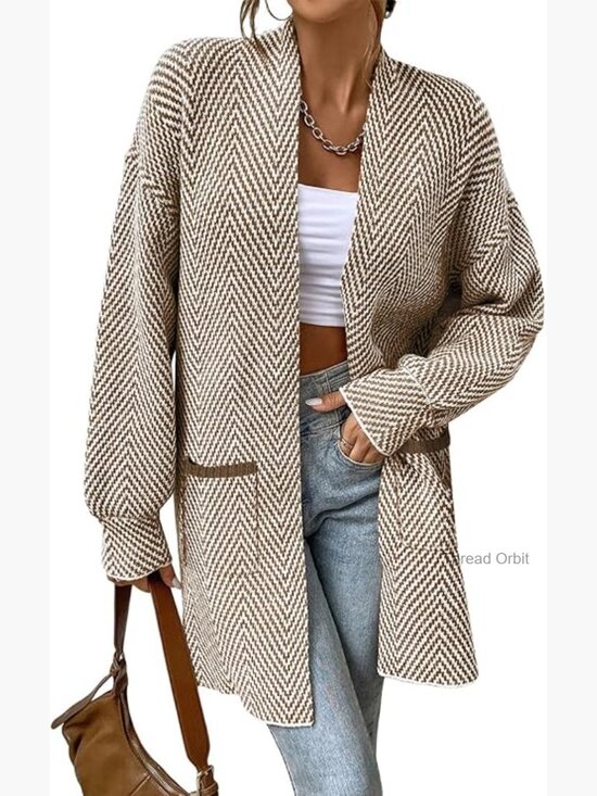 Sweaters - Chunky Knit Open Front Cardigan Sweater Coat Long Sleeve Striped Chevron